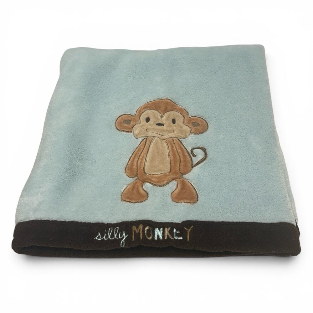 Just One Year Carters “Silly Monkey” Baby Blanket Blue Brown Trim